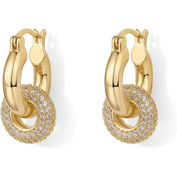 Gold chunky hoop earrings huggie cubic zirconia dangle drop earrings set - Picture 3 of 6